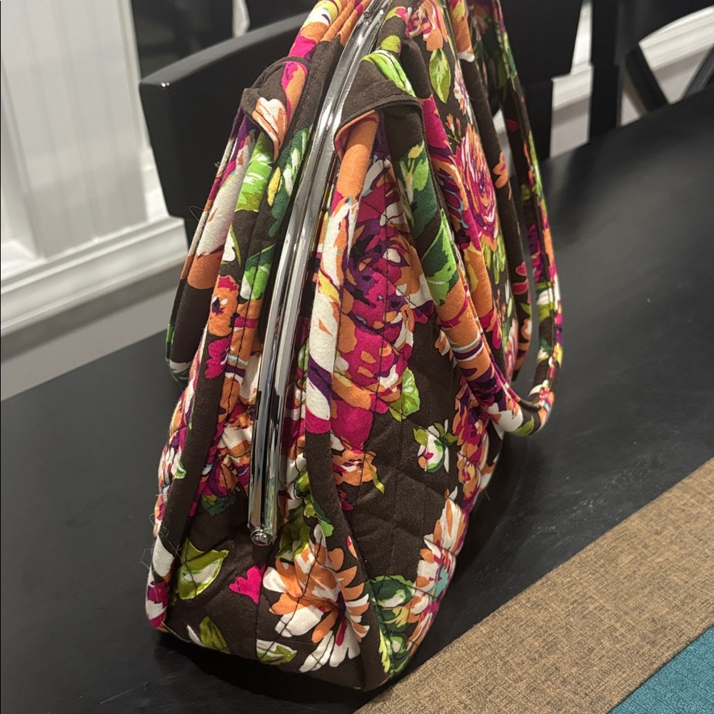 VERA BRADLEY Large Bowler Kisslock Satchel Mod Floral Pink Brown-Retired Pattern - Picture 8 of 14